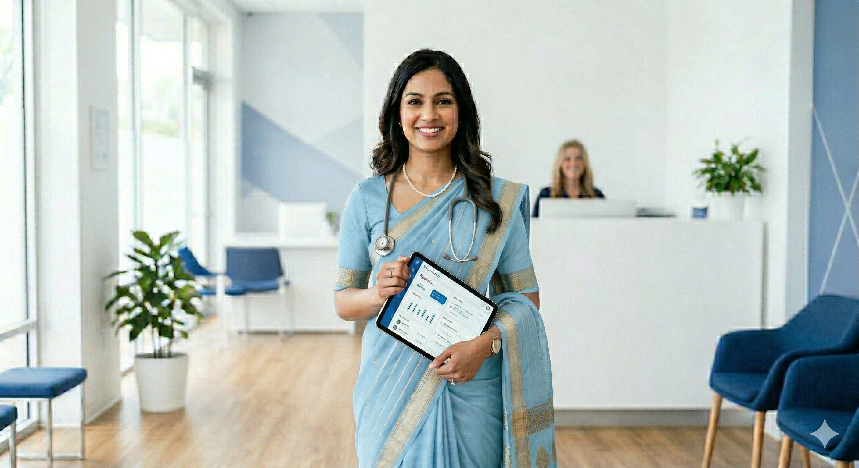 Doctor using Cliniqo on a tablet in a modern clinic